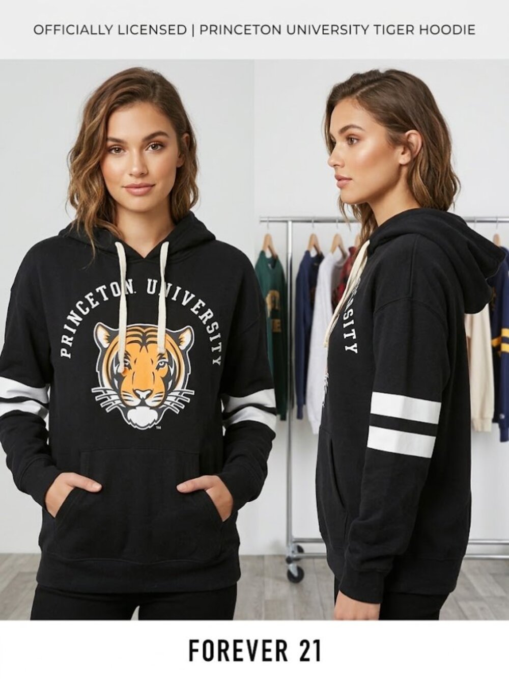 Forever21 Black with Tiger Print Princeton University Pullover Hoodie Sz Medium